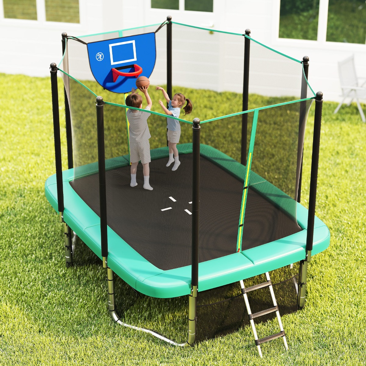 3 in 1 Rechteckiges Trampolin mit Leiter & Basketballkorb & Fußballtor Kindertrampolin Grün