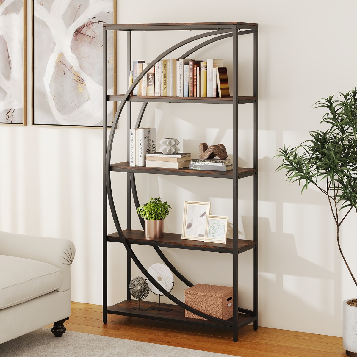 Geometrisches Bücherregal mit Offenen Holzregale & Metallrahmen Büroregal Standregal Braun