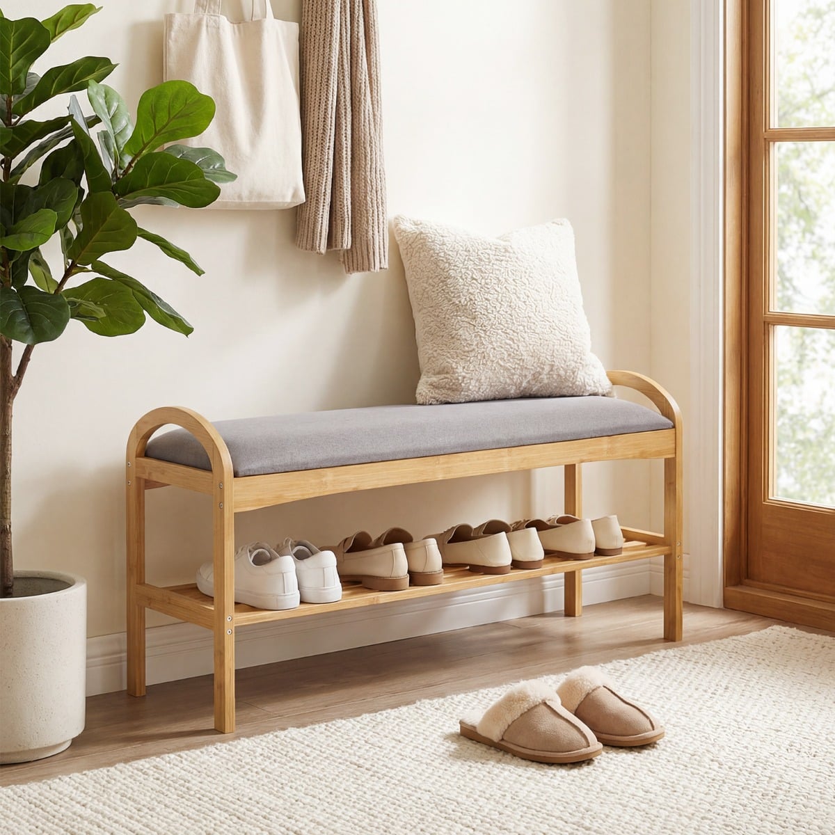 Schuhbank mit Sitzfläche Sitzbank mit 2 Ebenen Gepolstertem Kissen & Bambusrahmen Schuhschrank