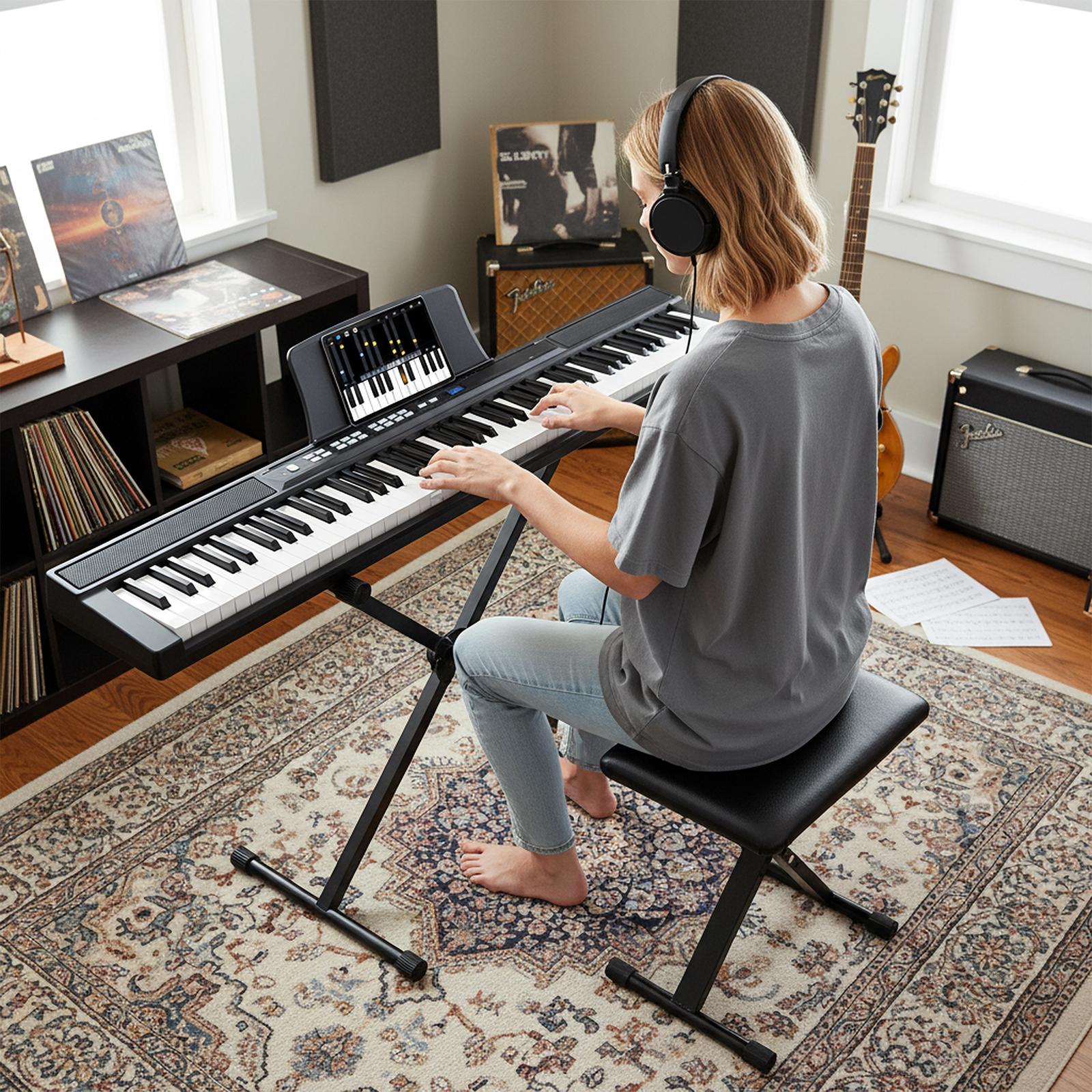 88 Tasten E-Piano mit Verstellbarem Ständer & Hocker & Sustain-Pedal Keyboard Schwarz