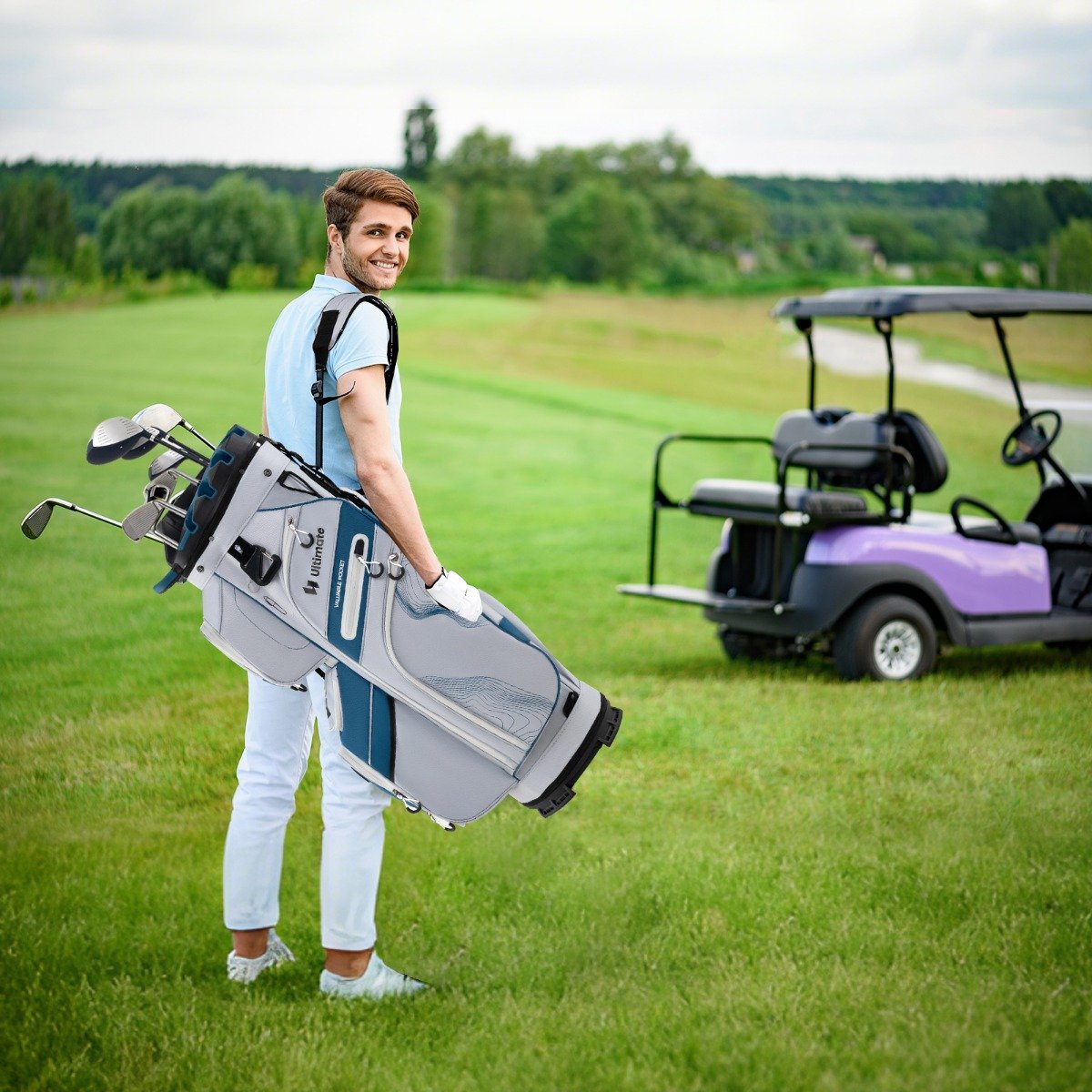 Golfbag mit 14 er Unterteilung & Tragegurt & Regenhaube & 11 Taschen Leichtes Golf Cart Bag Marineblau