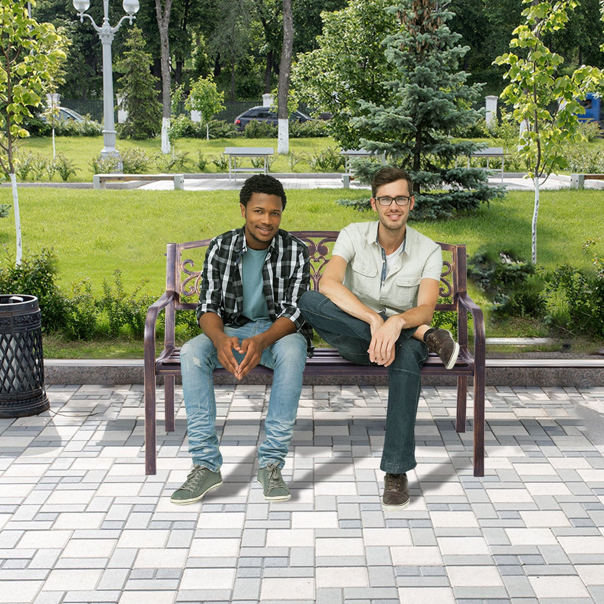 Metall Gartenbank für 2-3 Sitzer Sitzbank aus Gusseisen Parkbank mit Rückenlehne & Armlehne