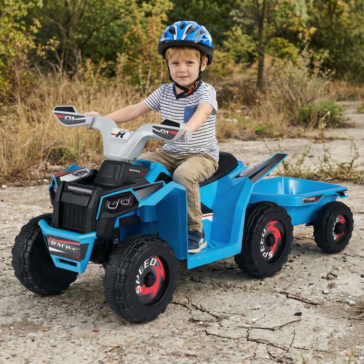 6V Kinder Elektrischer ATV mit Anhänger Elektrofahrzeug mit verschleißfesten Rädern Blau