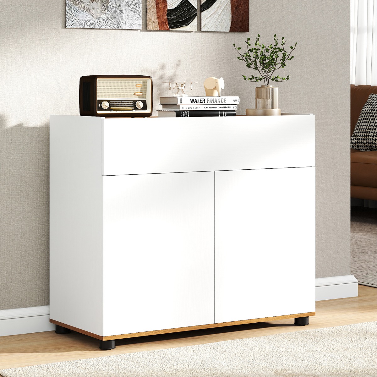 Sideboard Buffet-Schrank mit Stauraum Holz-Kaffeebar-Stationstisch mit 1 Schublade & 2 Türen Weiß