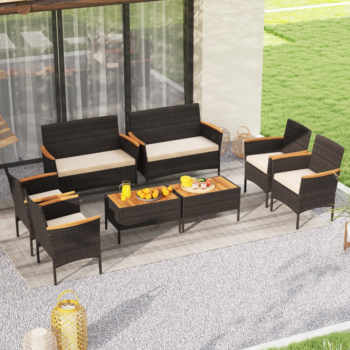 4 Teilig Polyrattan Garten Set Mit Sitzkissen Akazientisch Für Garten Balkon Terrasse Mix Braun