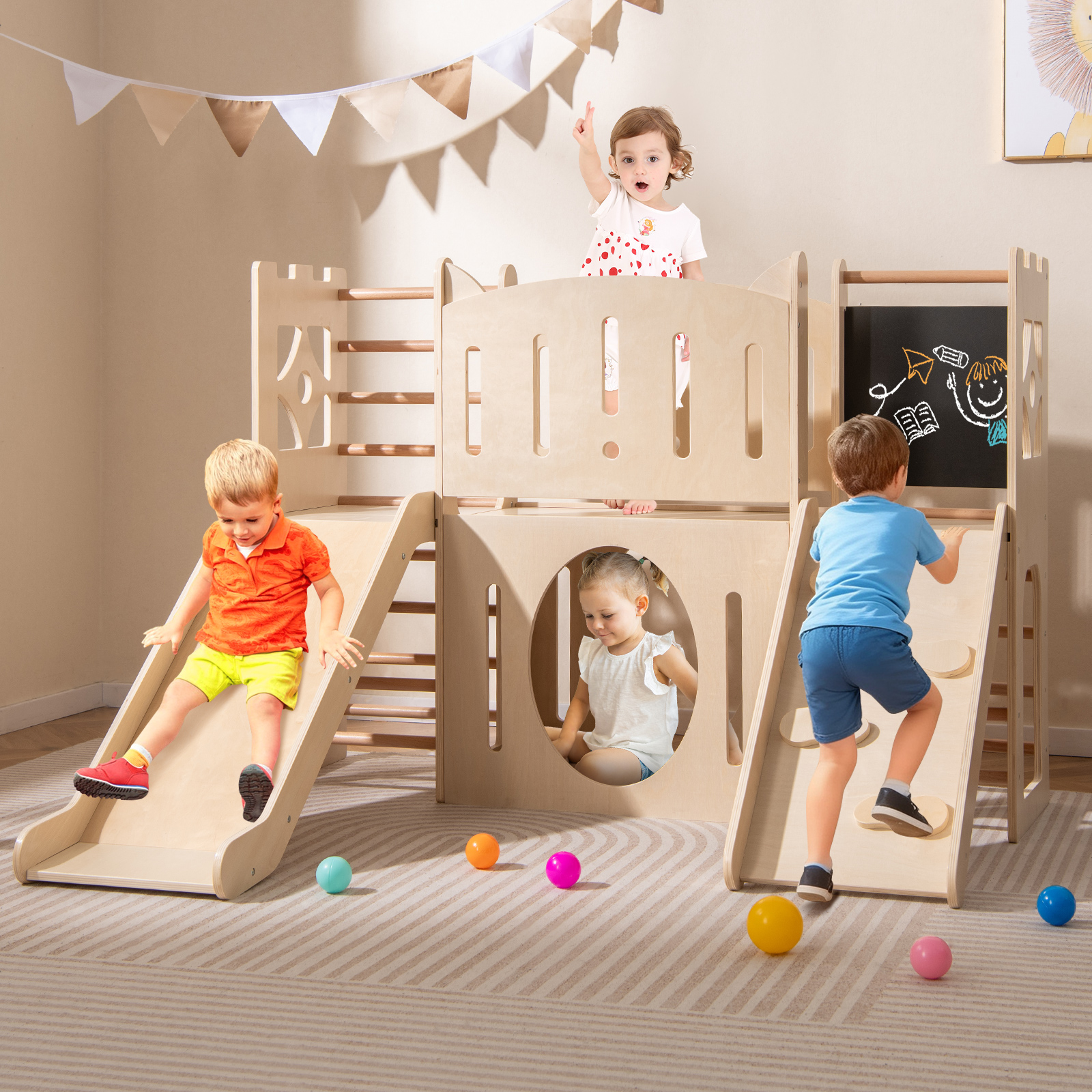 8-in-1 Indoor Spielplatz Holz mit Rutsche & Kletterleiter & Kletterrampe Kinder Rutsche mit Klettergerüst