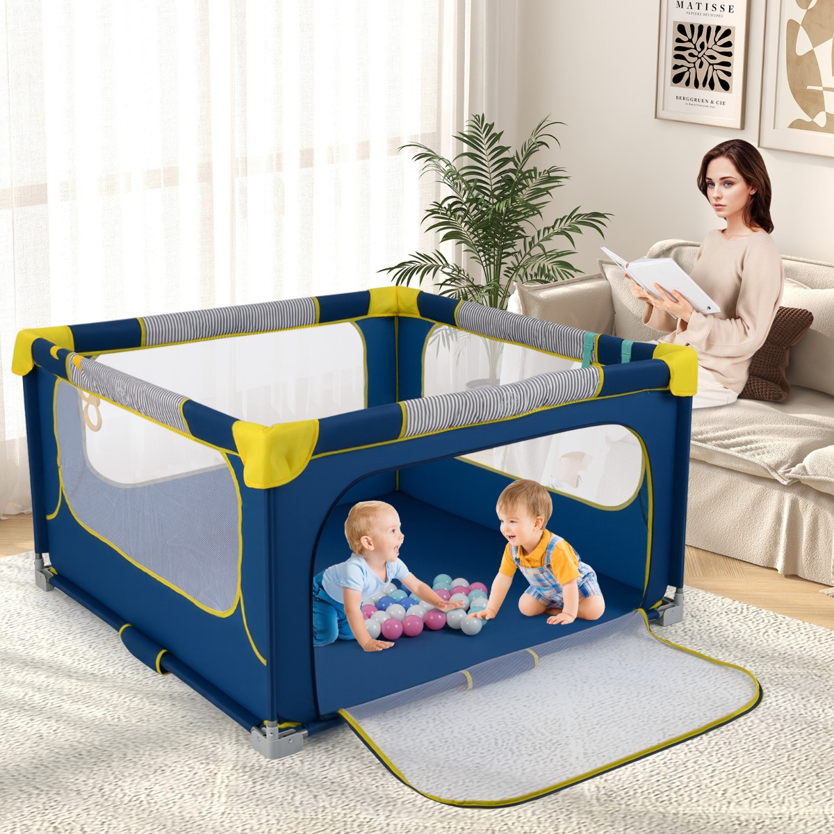 Faltbarer Baby Laufstall mit 50 Bälle & 4 Griffe & Reißverschlusstor Laufgitter Krabbelgitter Blau
