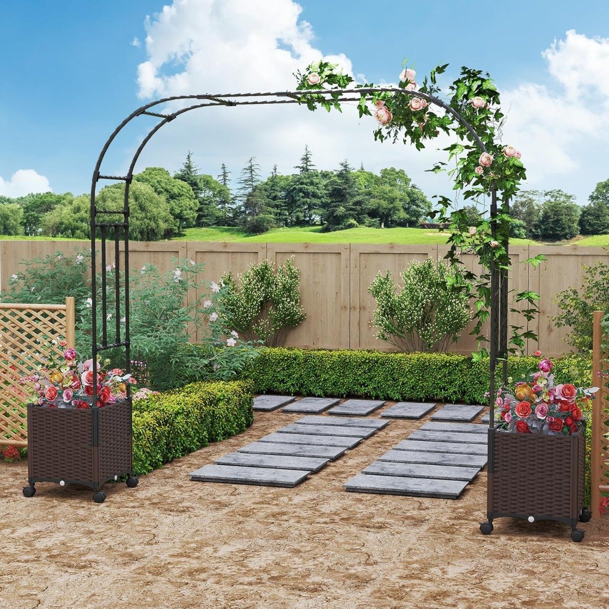 Gartenbogen Spalier mit 2 Pflanzkästen Outdoor Pergola Rankbogen Metall Deko Bogen
