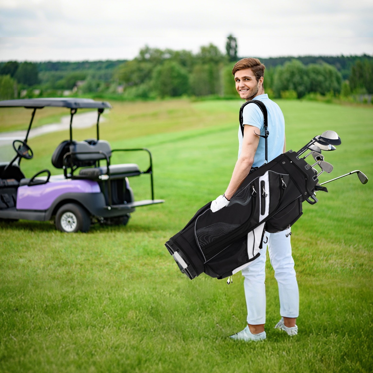 Golfbag mit 14 er Unterteilung & Tragegurt & Regenhaube & 11 Taschen Leichtes Golf Cart Bag Schwarz