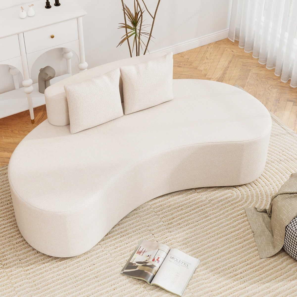 199 cm Sofa mit 2 Kissen & Niedriger Rückenlehne Gepolstertes Schlafsofa Couch Beige