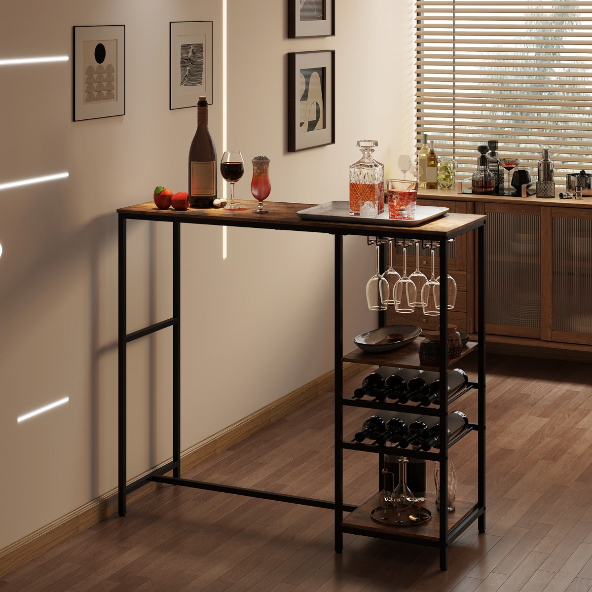 Küche Bartisch mit Ablagefächern & Weinregalen & Glashaltern Küchentheke Theke Bar