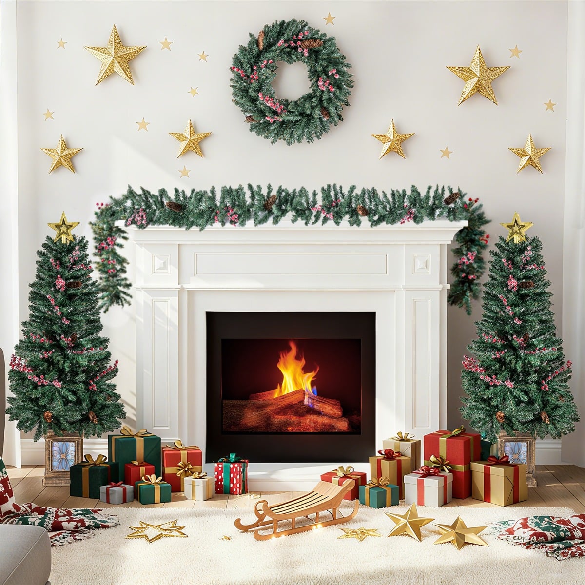 2er Set 120 cm Mini Künstlicher Weihnachtsbaum im Topf mit Weihnachtsgirlande & -kranz