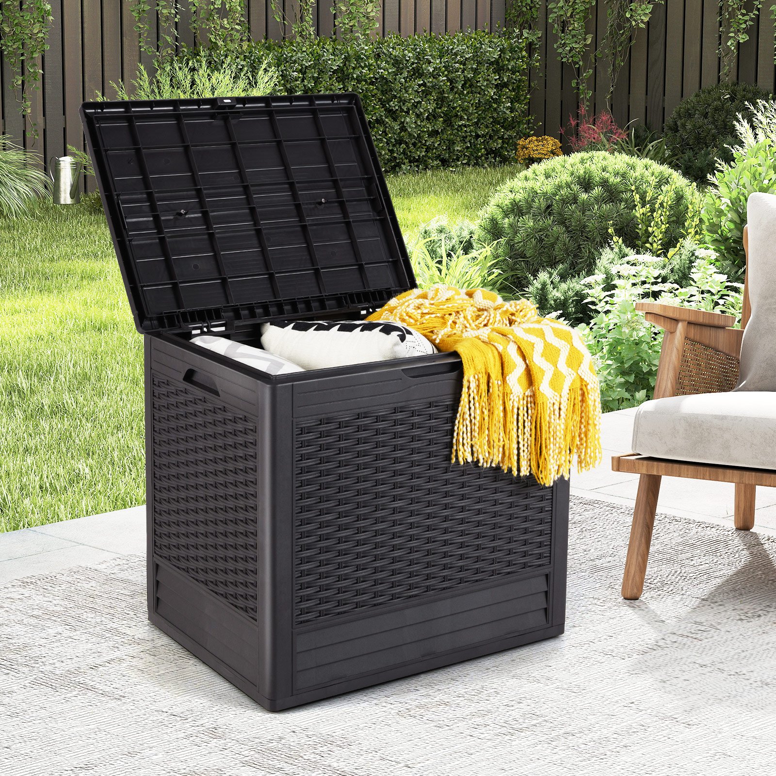 96 L Aufbewahrungsbox Outdoor Auflagenbox mit PP-Deck Rattanmustern & abschließbarem Deckel Braun