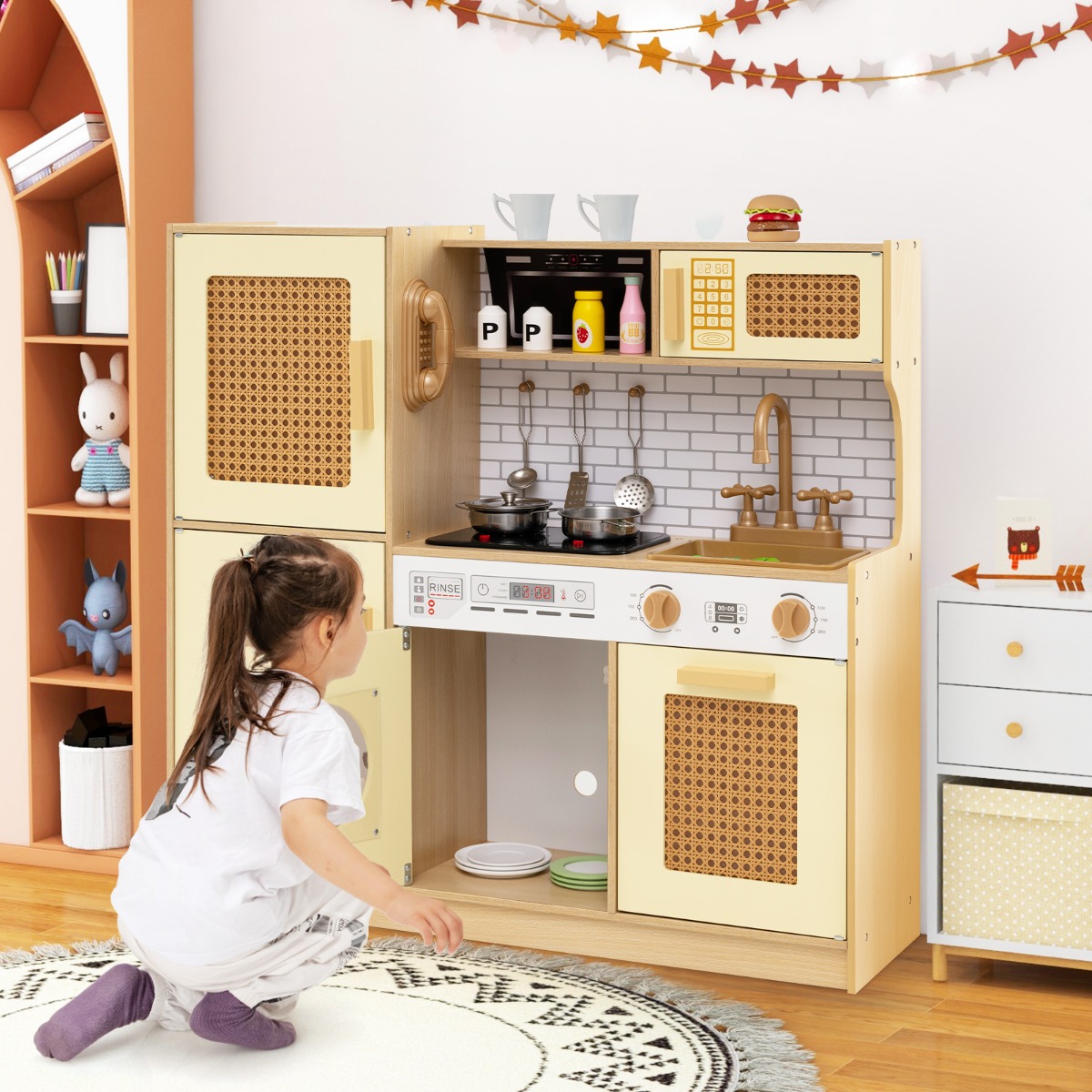 Kinderküche mit Rattantüren & Licht & Sound & Kühlschrank Spielküche Spielzeugküche Gelb