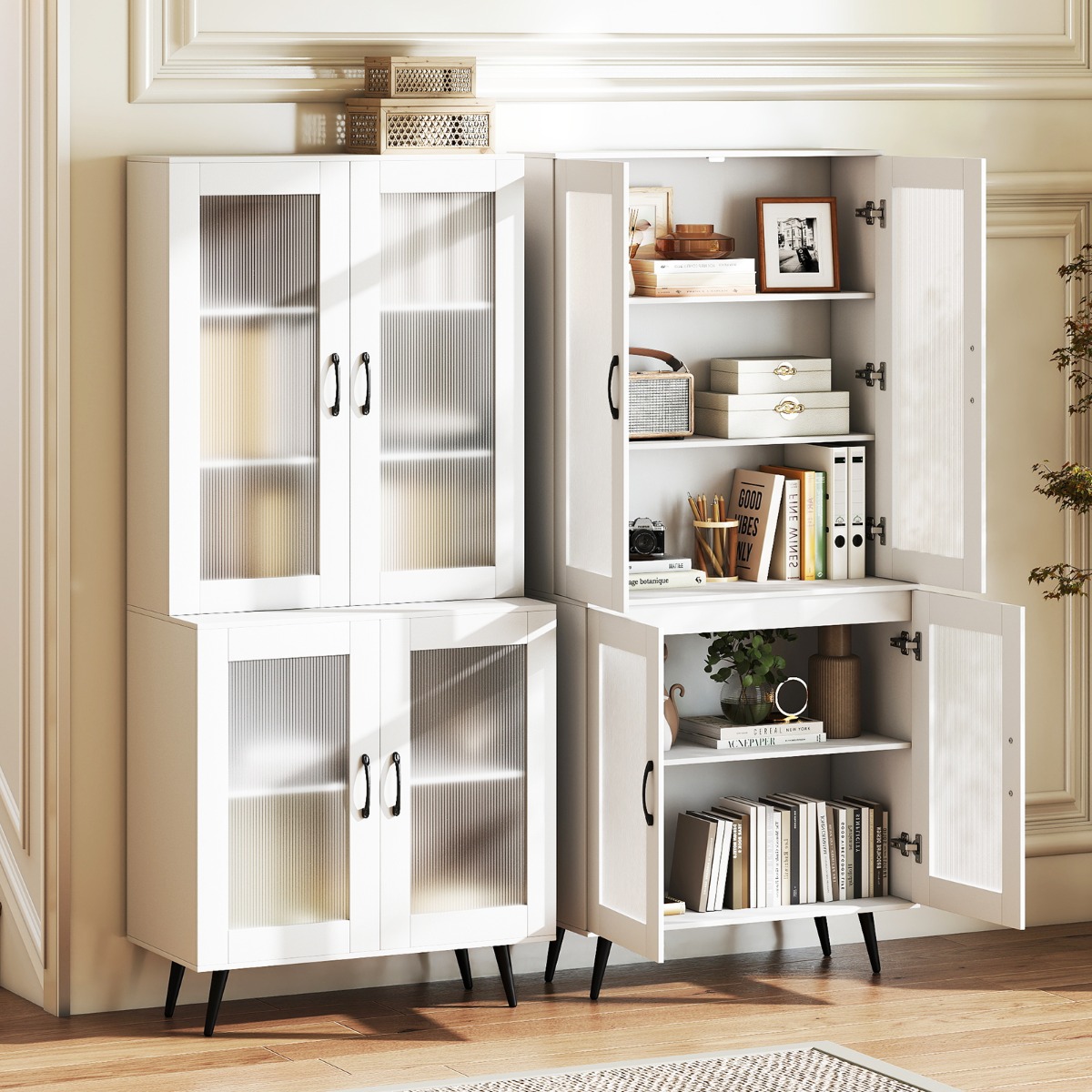 Hoch Küchenschrank mit 4 Transparenten Türen & Verstellbares Regal Küchenregal Buffetschrank Weiß