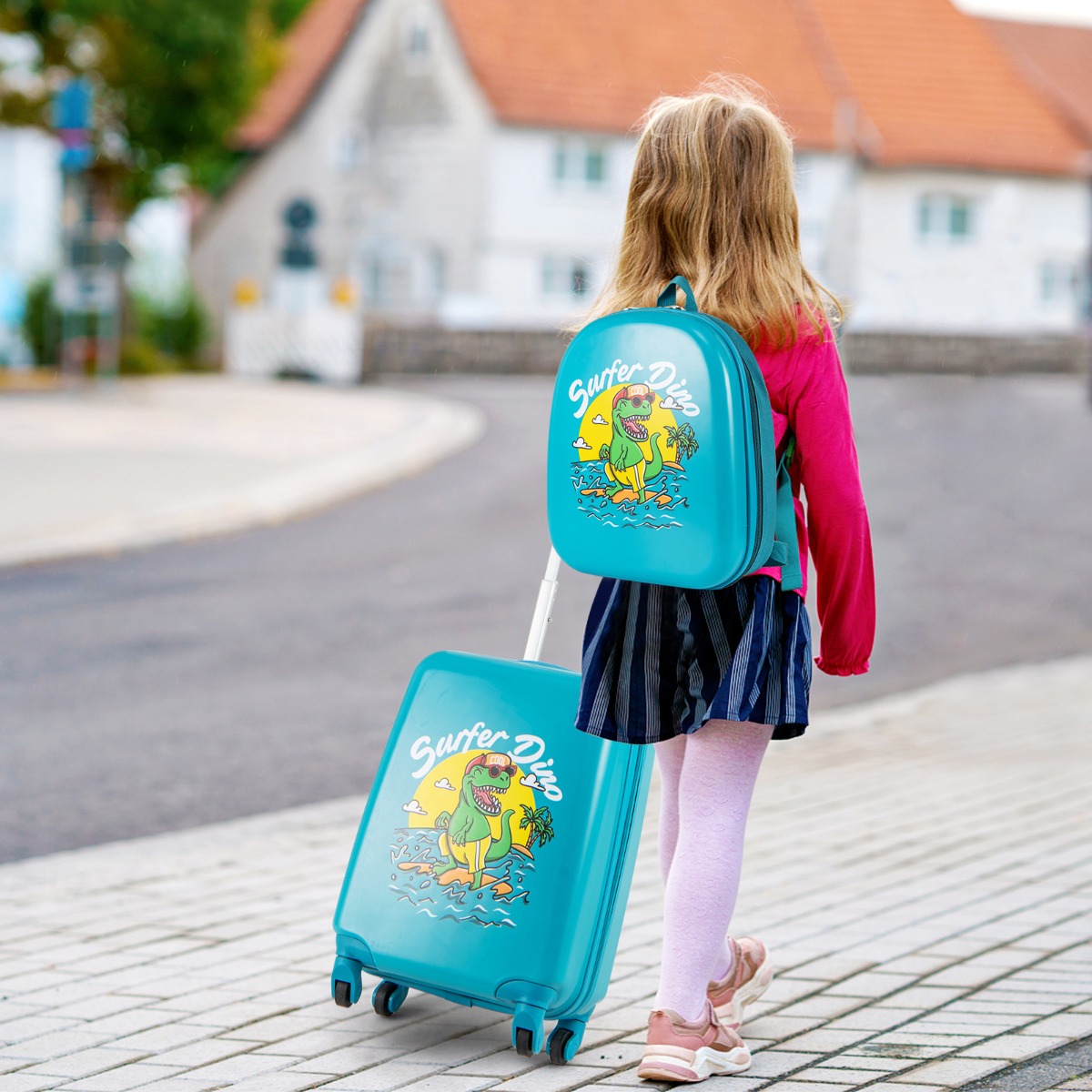 2tlg Kinderkoffer Set Kindergepäck mit Rädern 17' Handgepäck & 13' Hartschalen-Rucksack Dinosaurier Blau