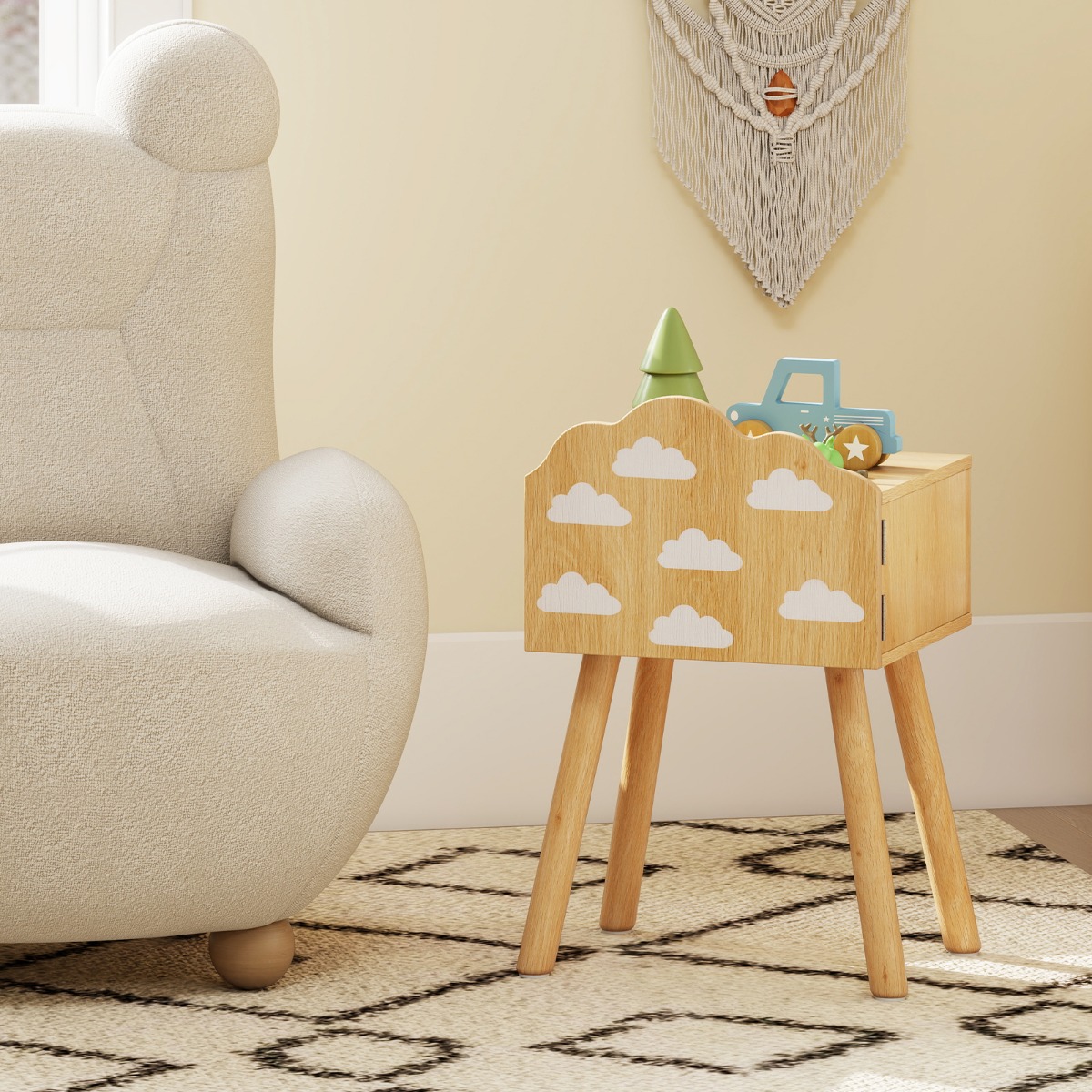 2 er Set Kinder Nachttisch Nachtschrank mit kleinem Schrank & Massivholzbeinen Beistelltisch niedlich 34 x 30 x 54 cm