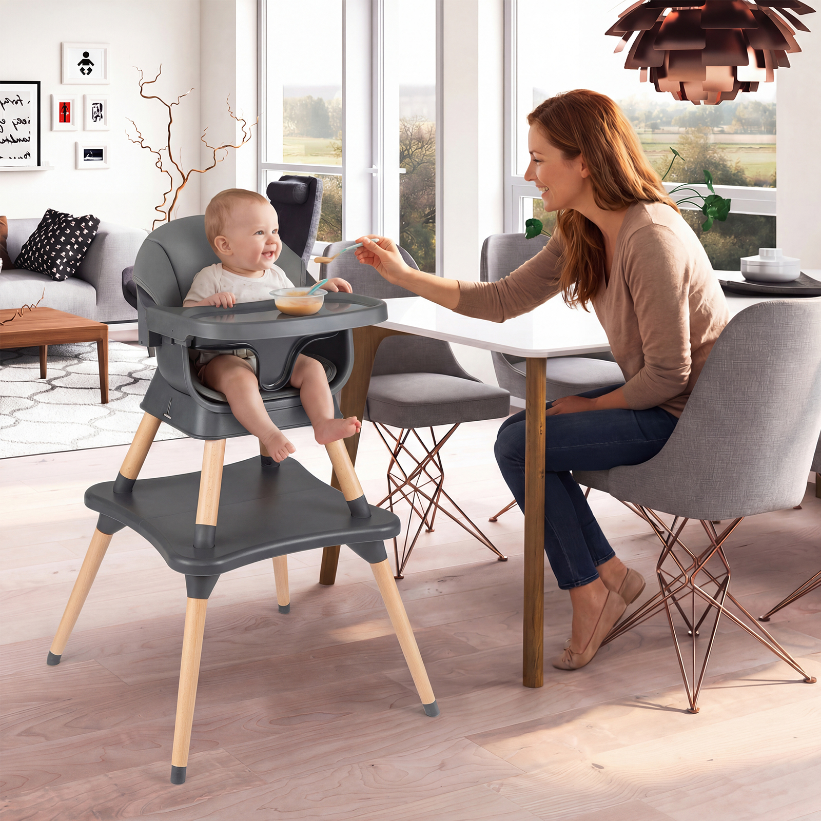9 in 1 Baby Hochstuhl mit Sitzerhöhung & Abnehmbarem Tablett & Sicherheitsgurt Dunkelgrau