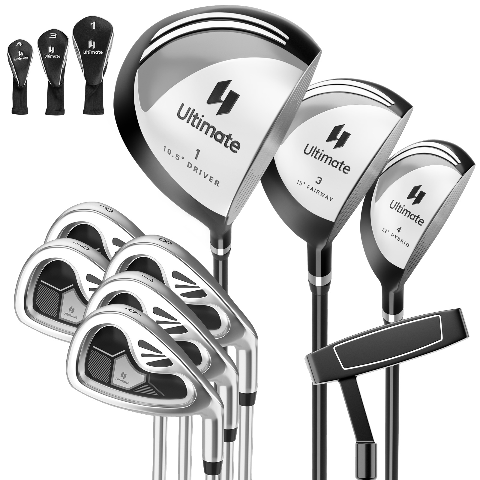 9-teiliges komplettes Golfschlägerset für rechtshändig spielende Herren, inklusive Driver aus Zinklegierung Grau