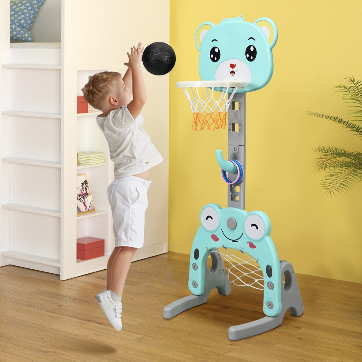 3 in 1 Basketballkorb Set Höhenverstellbar Basketballständer & Fußballtor & Ringwerfenspiel