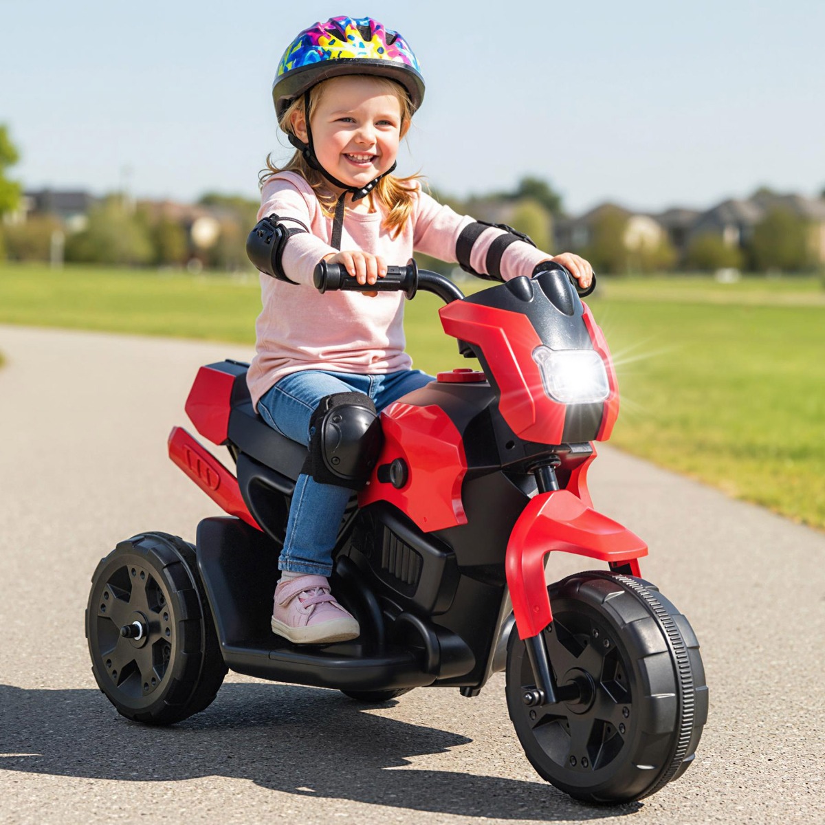 6V Kinder Motorrad 3-Rad Elektro-Motorrad mit LED-Scheinwerfer Fußpedal batteriebetriebenes Elektro-Spielzeugauto Rot