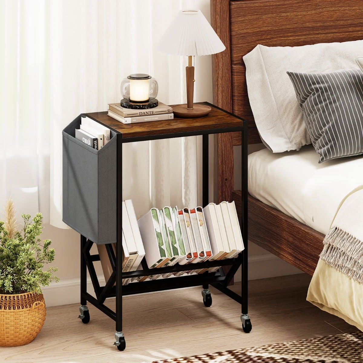 Rollender Plattenspieler-Ständer Vinyl-Schallplattentisch mit Vinylaufbewahrung & Zeitschriftenhalter Rustikales Braun