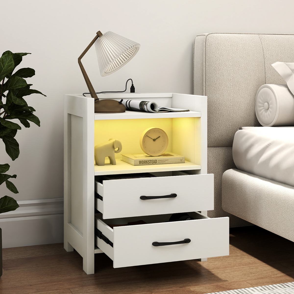 Nachttisch mit LED-Lichtern & Ladestation Nachtschrank mit 2 Schubladen & offenem Ablagefach Beistelltisch Weiß 45 x 35 x 60 cm