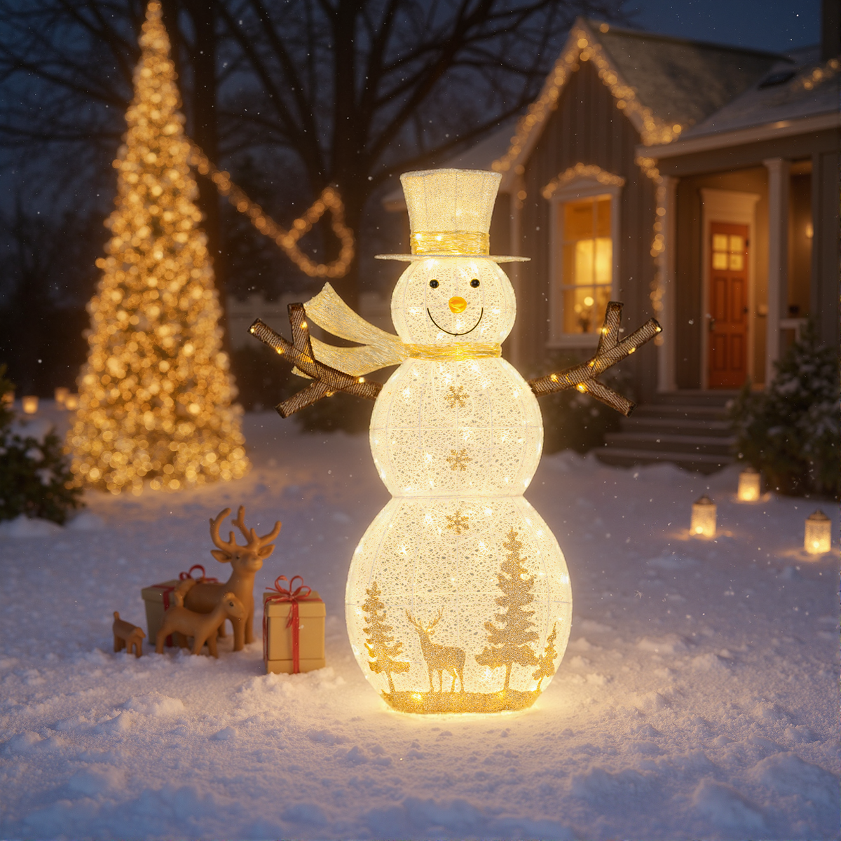 141 cm groß LED Schneemann Weihnachtsdeko mit 100 Warmweißen LED-Lichtern & Hut & Schal