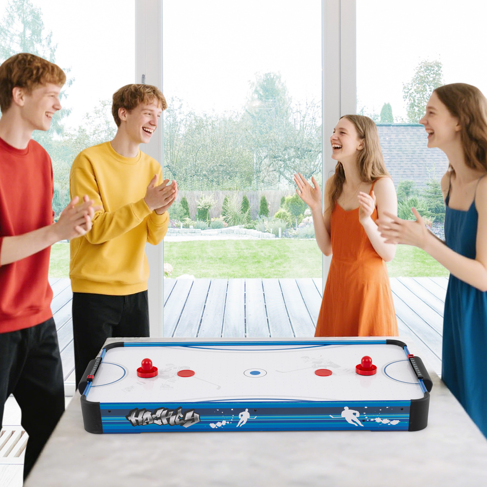Airhockey Tisch mit 12V Motor & 2 Pucks & 2 Schieber Elektrischer Air Hockey Spieltisch Lufthockey