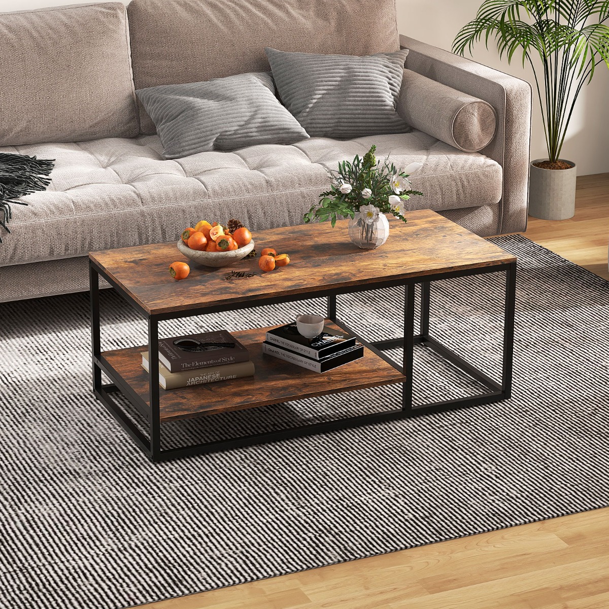 Industrieller Couchtisch mit Ablagefläche & Metallrahmen Rechteckiger Sofatisch Braun