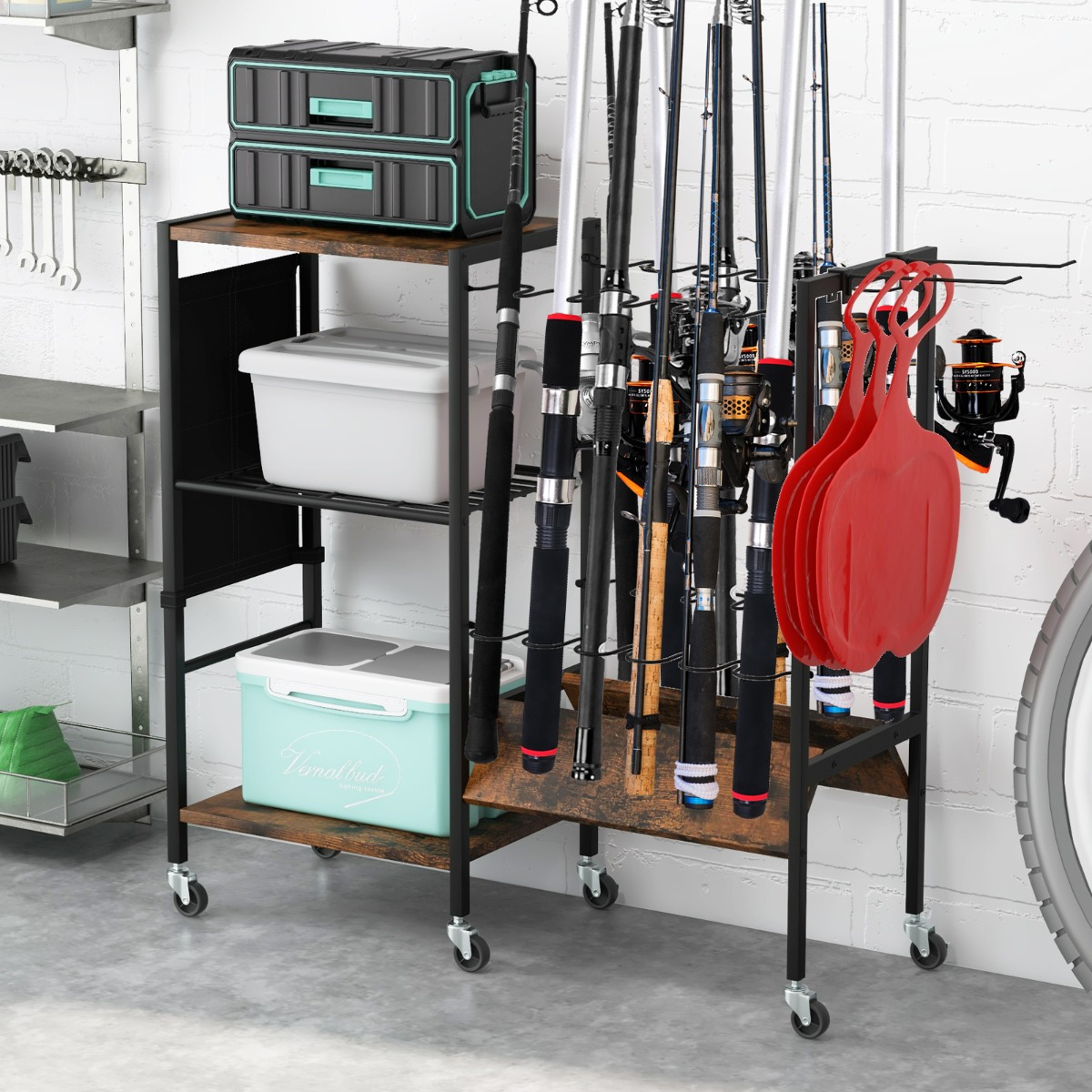 Angelrutenhalter mit Feststellbaren Universalrädern Gerätewagen Angelausrüstungs Organizer