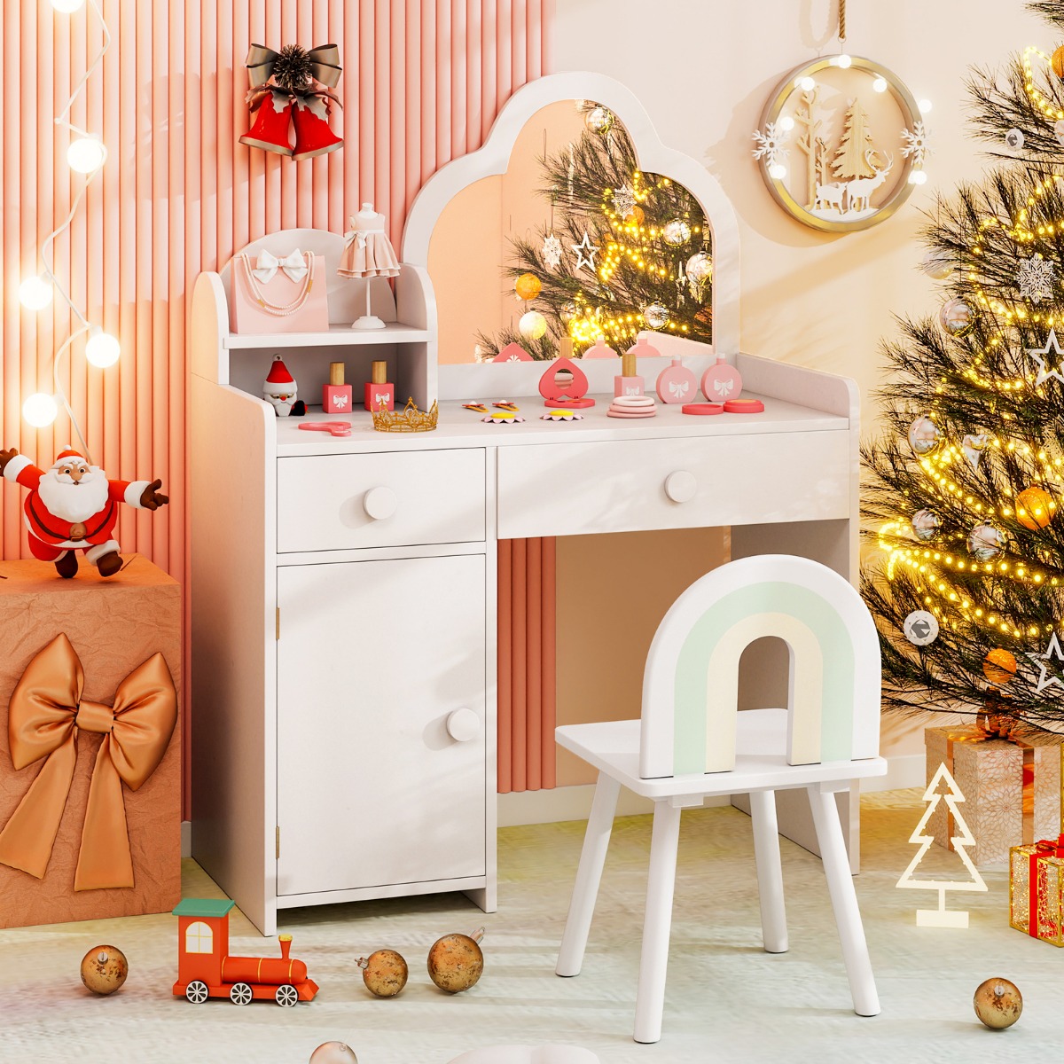 Kinder Schminktisch wolkenförmig 2 in 1 Frisiertisch mit Hocker Kosmetiktisch Weiß