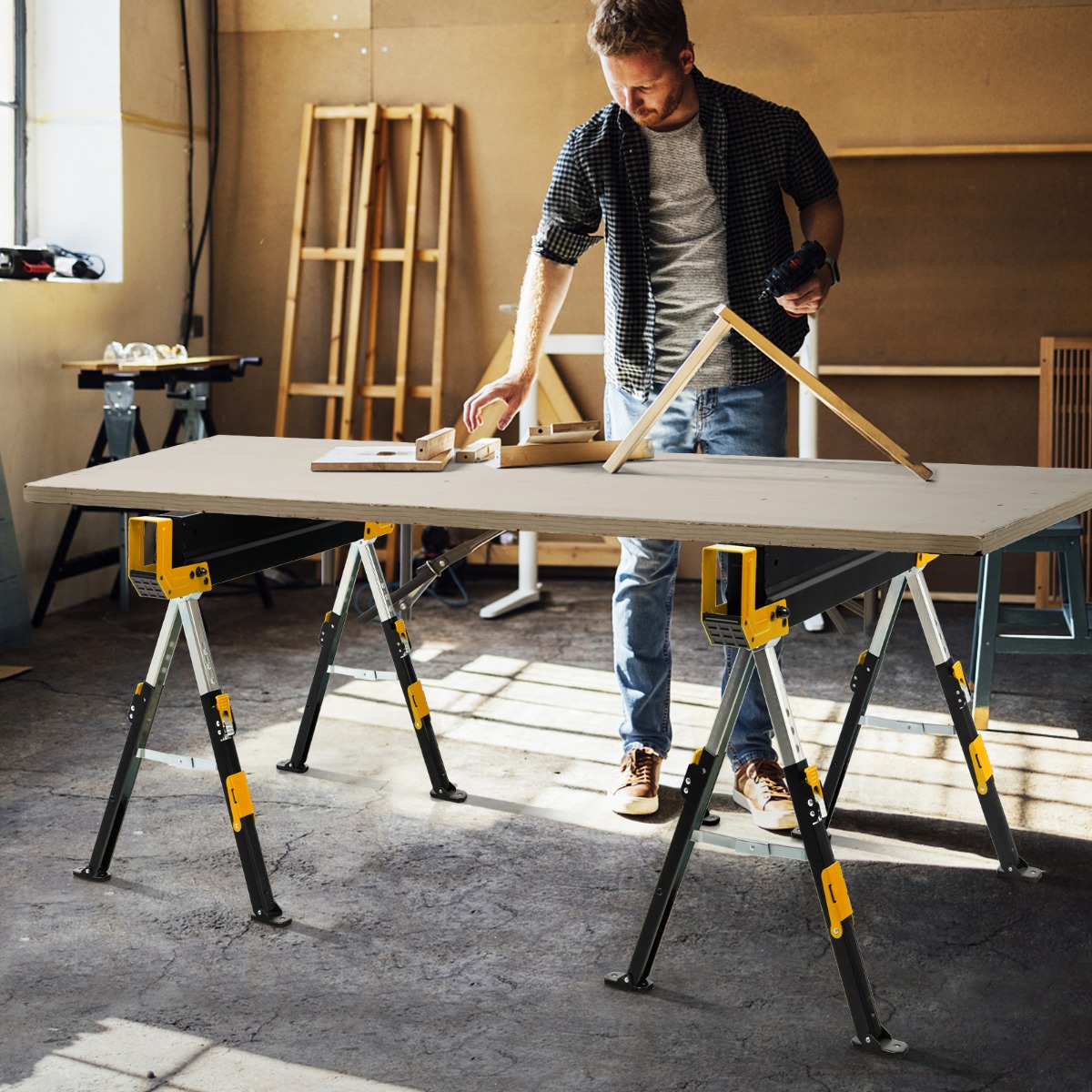 2 x ​Arbeitsbock höhenverstellbar bis 1180 kg belastbar Klappbarer Sägebock Gelb+Schwarz