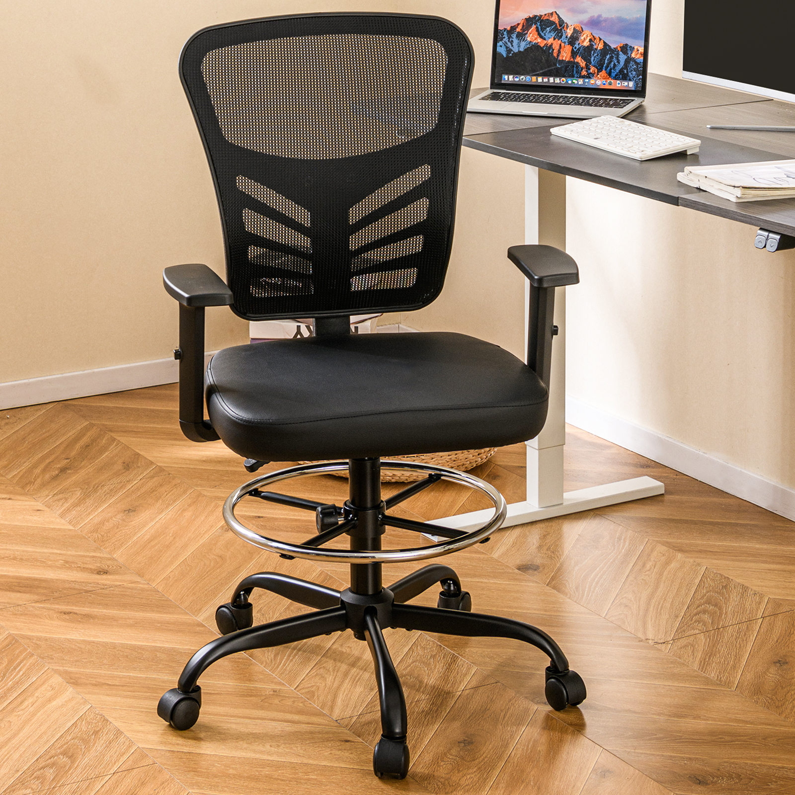 Arbeitsstuhl Bürostuhl ergonomisch Sitzhöhe 54-75 cm Hoher Drehstuhl mit hochklappbaren Armlehnen Schwarz