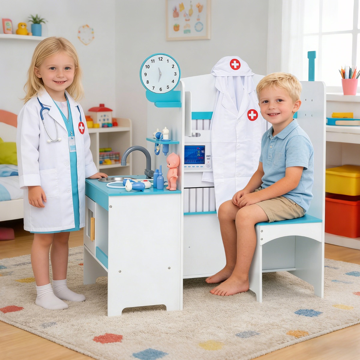 Kinder Arzt Spielset mit 27 Zubehörteilen Medizinisches Zentrum mit EKG Monitor Blau