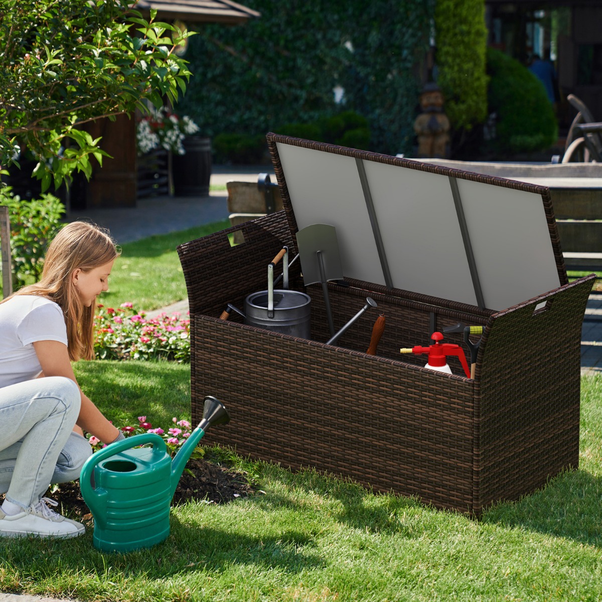 Gartenbank mit Stauraum Polyrattan Sitzbank mit Kissen & Seitengriffen Auflagenbox Kissenbox