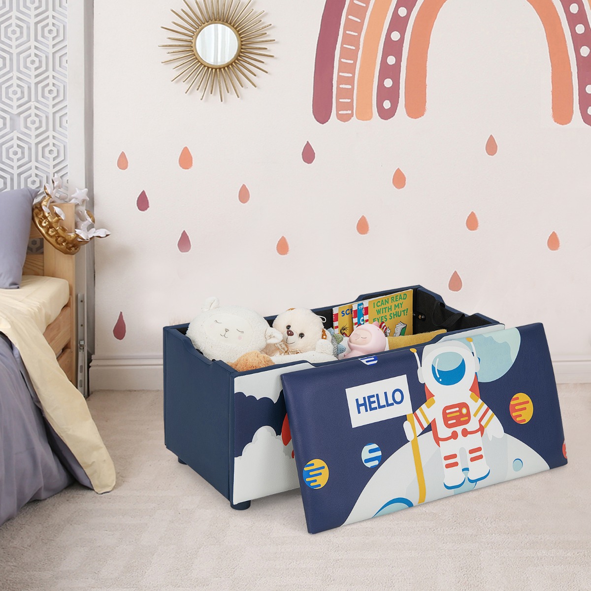 Gepolsterte Spielzeugkiste mit abnehmbarem Deckel & Raketen & Planetenmuster Marineblau