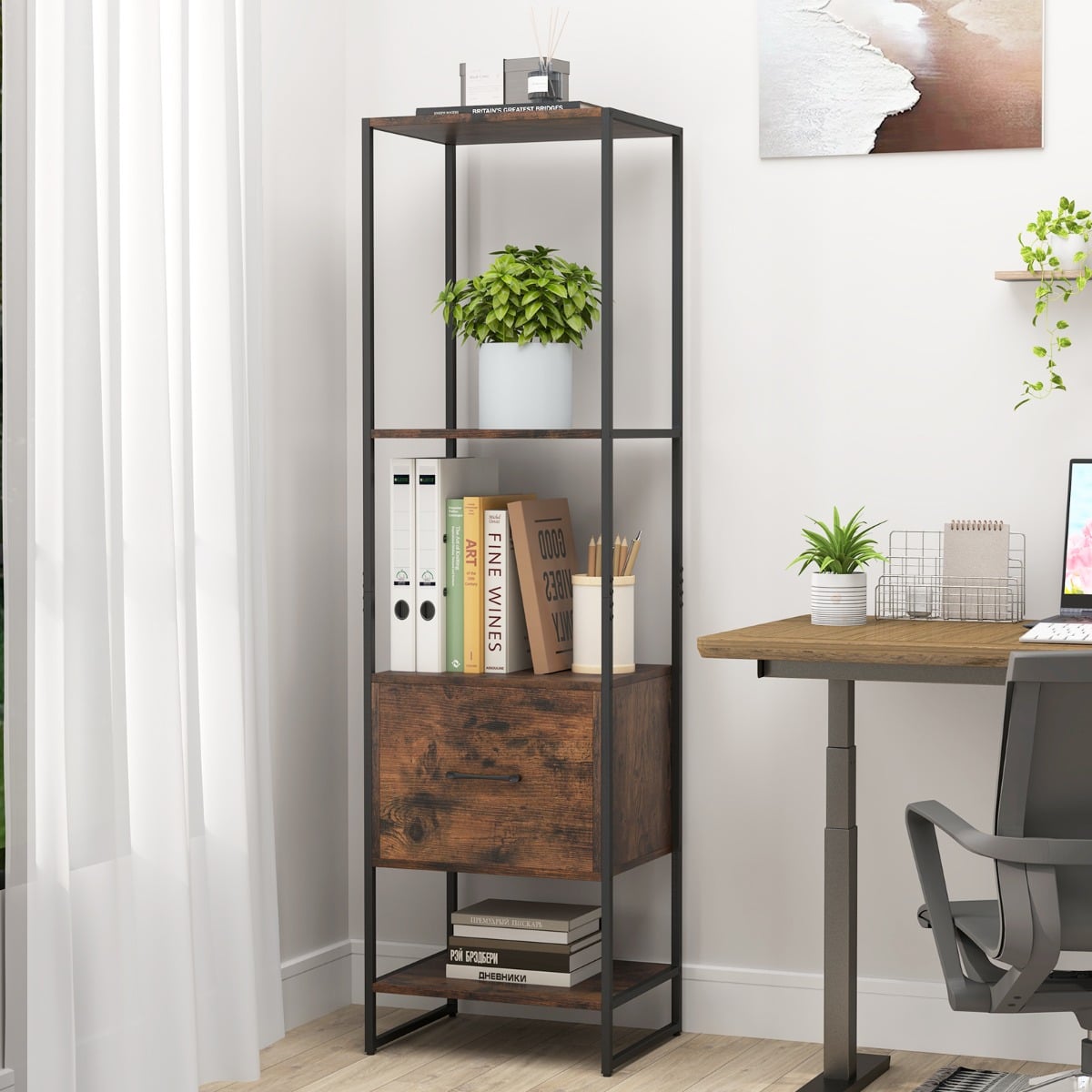 5-stöckiges Bücherregal mit Schublade & Metallrahmen Bücherschrank Modern Standregal Braun