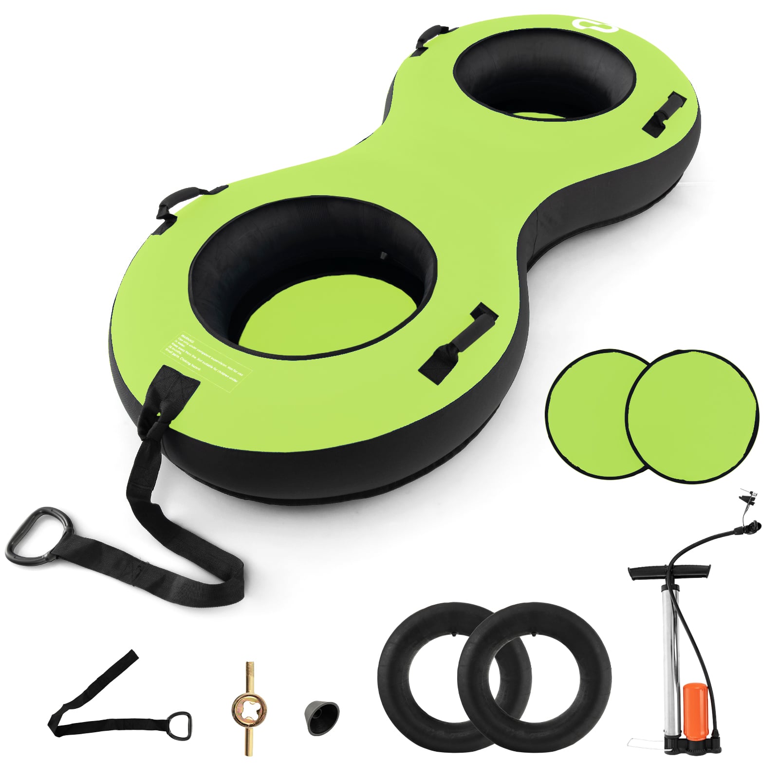 Aufblasbarer Schneereifen mit Schleppleine & Griffen & Handpumpe Snowtube für 2 Personen Grün