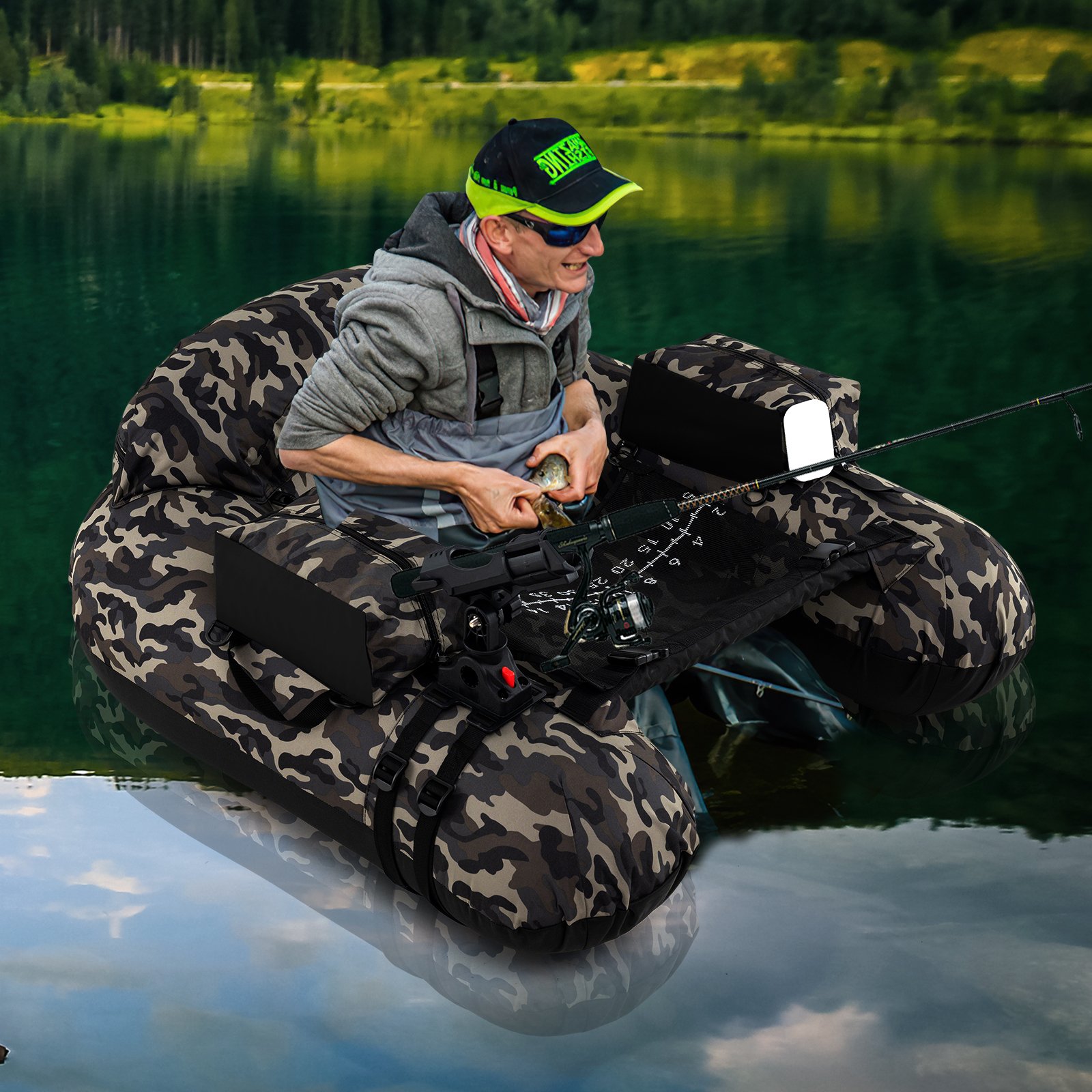Aufblasbares Schlauchboot Angelboot mit einstellbarem Angelrutenhalter Fischhakenstator Aluminium-Paddel & Flossen Tarnfarben