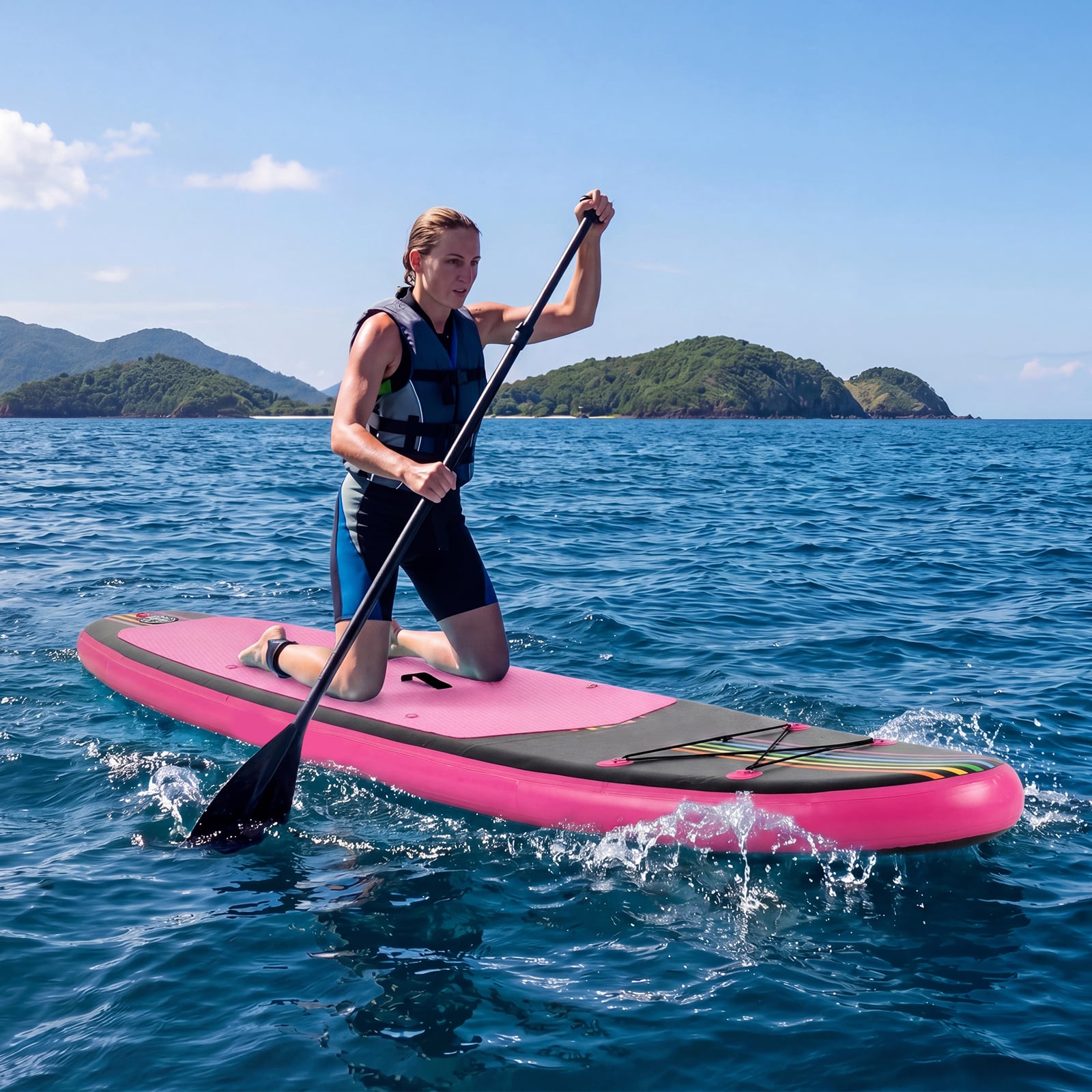 Aufblasbares Stand up Paddle Board Rutschfestes Bequemes EVA-Deck SUP-Brett mit Rucksack Rosa und Schwarz