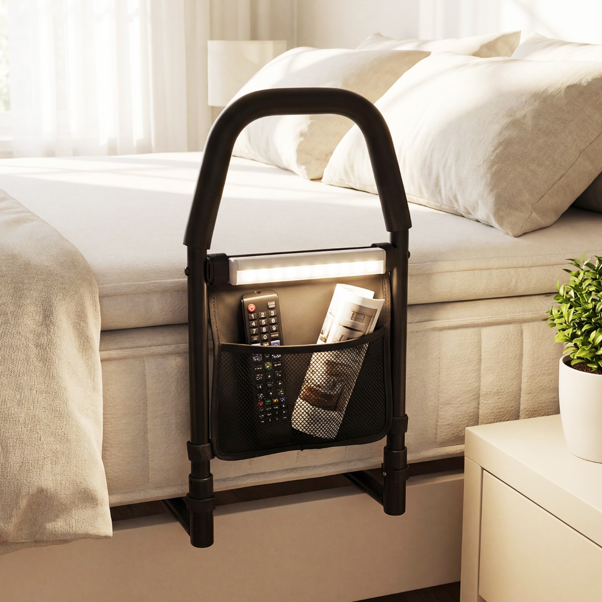 Bett Aufstehhilfe mit LED-Sensorlicht & Tasche & Rutschfestem Handgriff Bettgitter Schutzgeländer