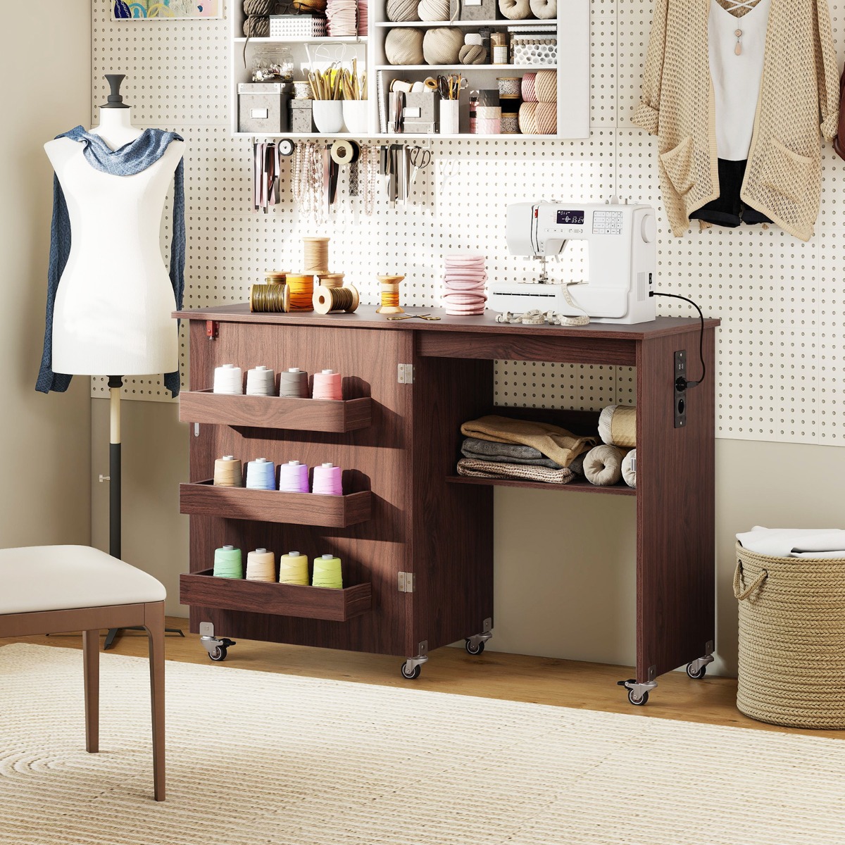 2 in 1 Klappbarer Nähtisch mit Ladestation & Regalen Nähmaschinenschrank Nähschrank Kaffee