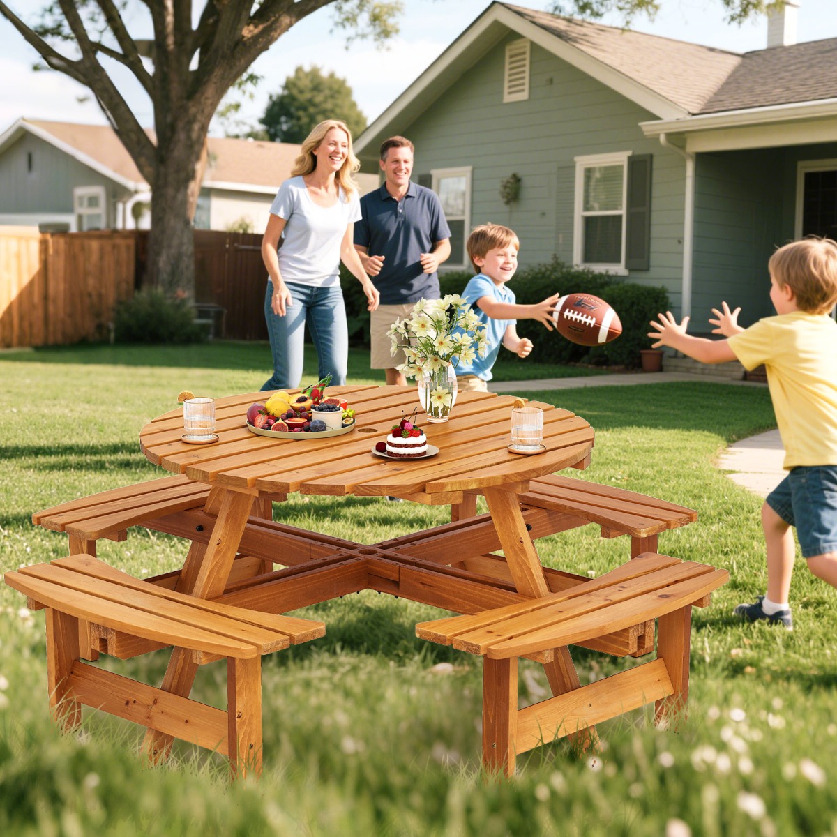 Picknicktisch Set für 8 Personen mit Schirmloch & 4 Bänken Gartentisch aus Holz Runde Sitzgruppe Gelb