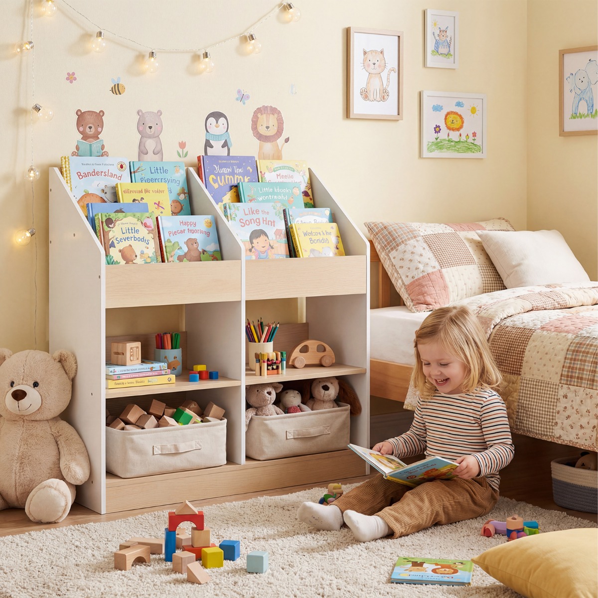 Bücherregal Kinder Kleinkind-Spielzeugregal mit 4 aufrechten Würfeln & 4 Aufbewahrungsfächern Weiß