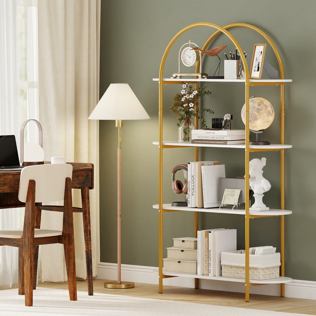 4-stöckiges Gebogenes Bücherregal mit Metallrahmen & Holzplatte Offenes Standregal Gold