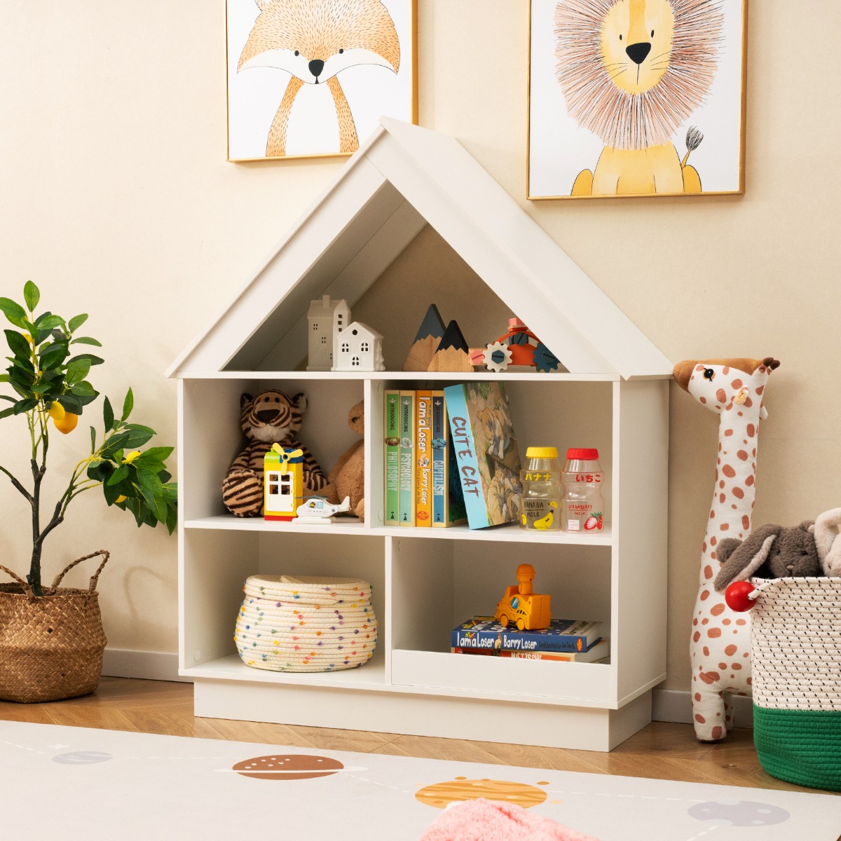 Kinder Bücherregal in Hausform Kinderregal aus Holz mit 5 Fächern 88 x 34 x 108 cm Weiß