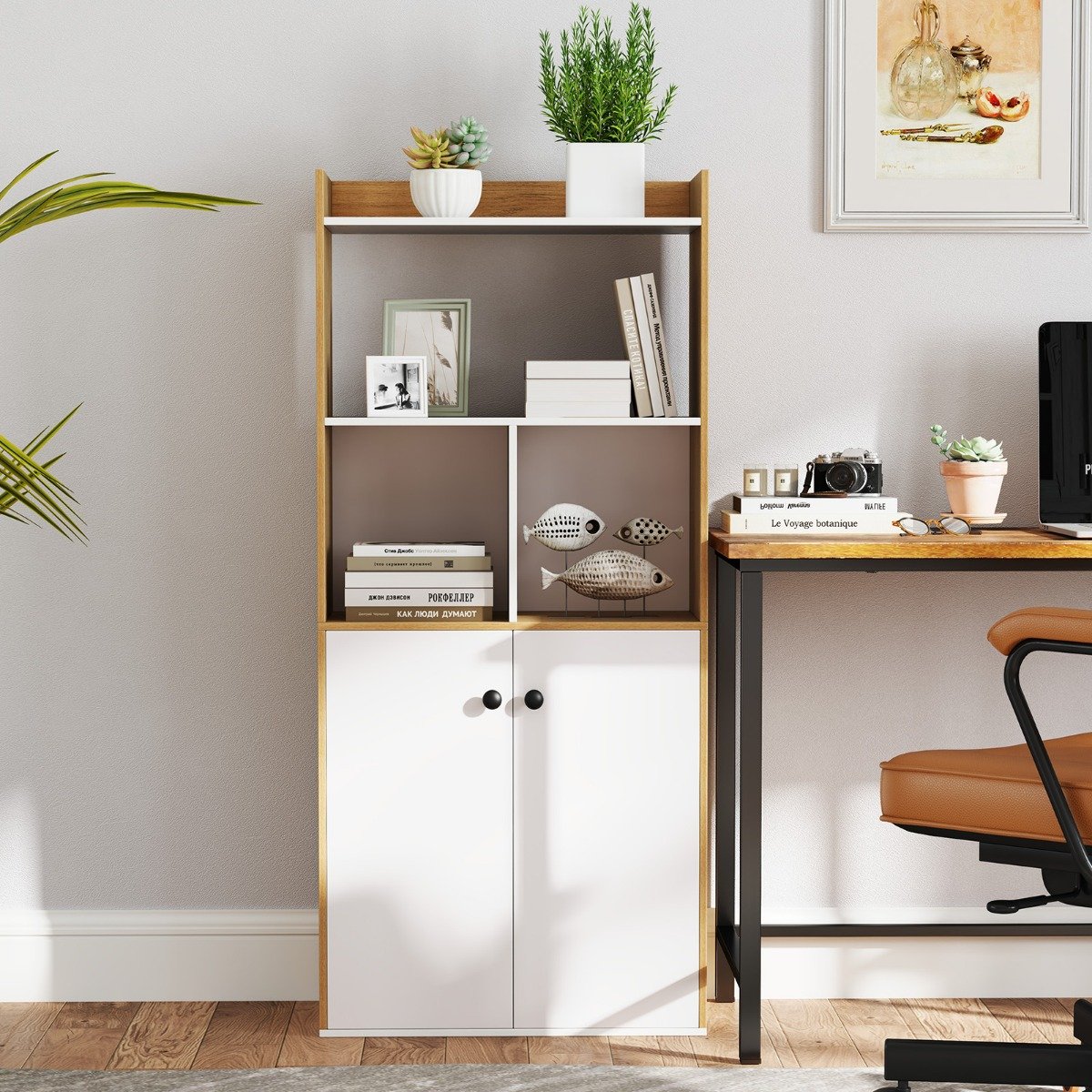 Bücherregal mit Doppeltürschrank 3-stöckiges Standregal mit Offenen Fächern 60 x 30 x 140 cm