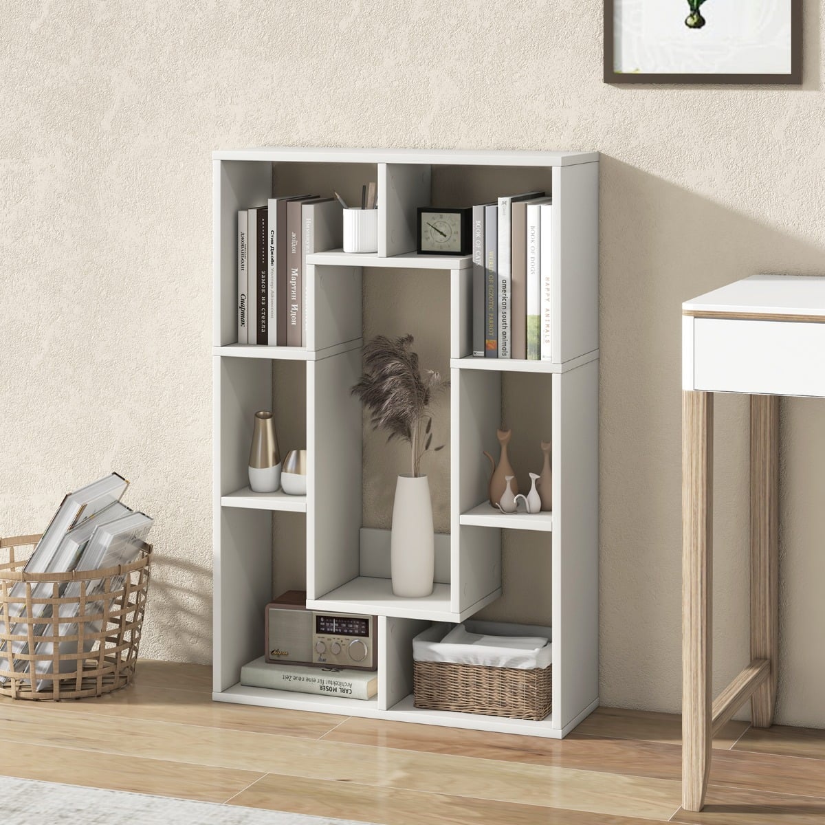 Bücherregal mit 7 Fächern Standregal Raumteiler Regal Würfelregal mit Kippschutz 60 x 20 x 90 cm Weiß