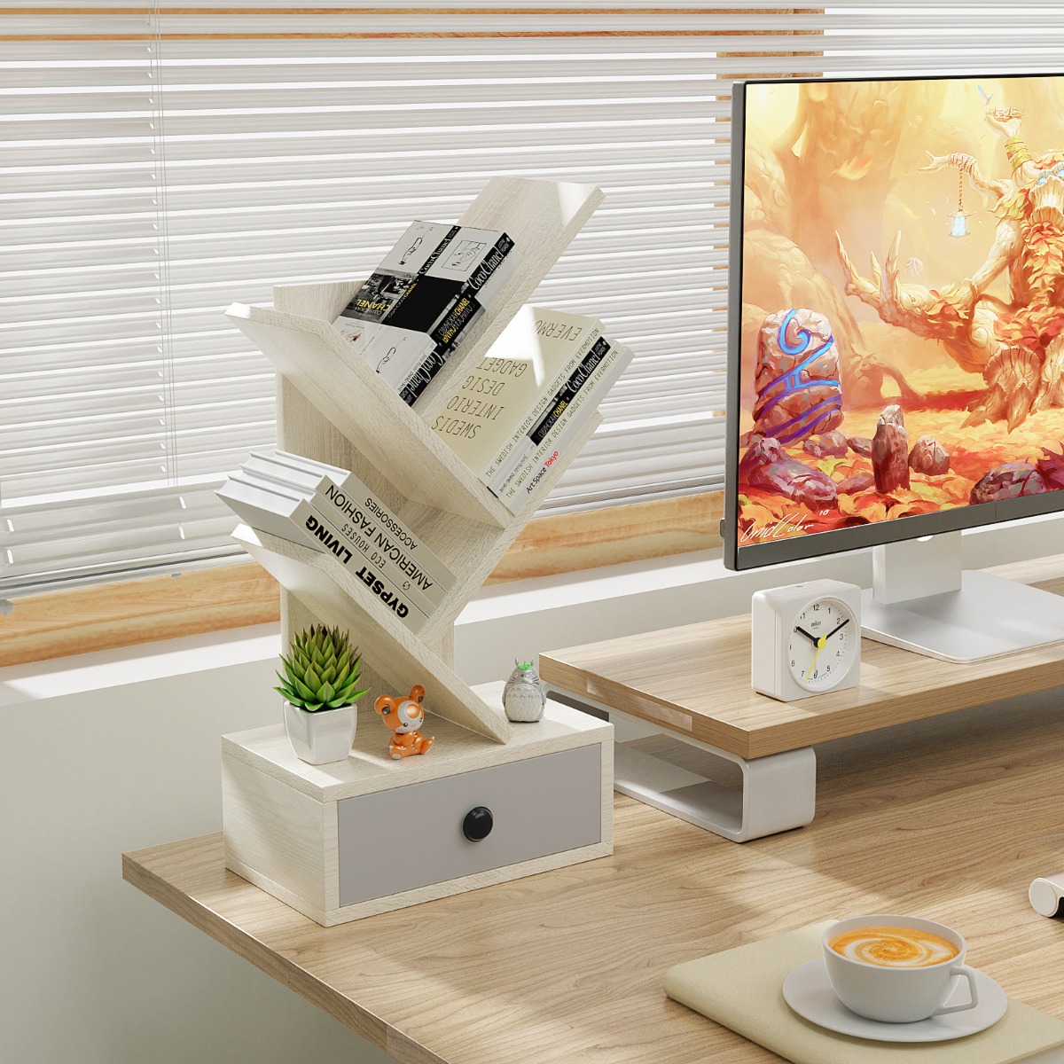 5-stufiges Baum-Bücherregal mit Schublade Mehrzweckregal CD- & DVD-Regal Beige